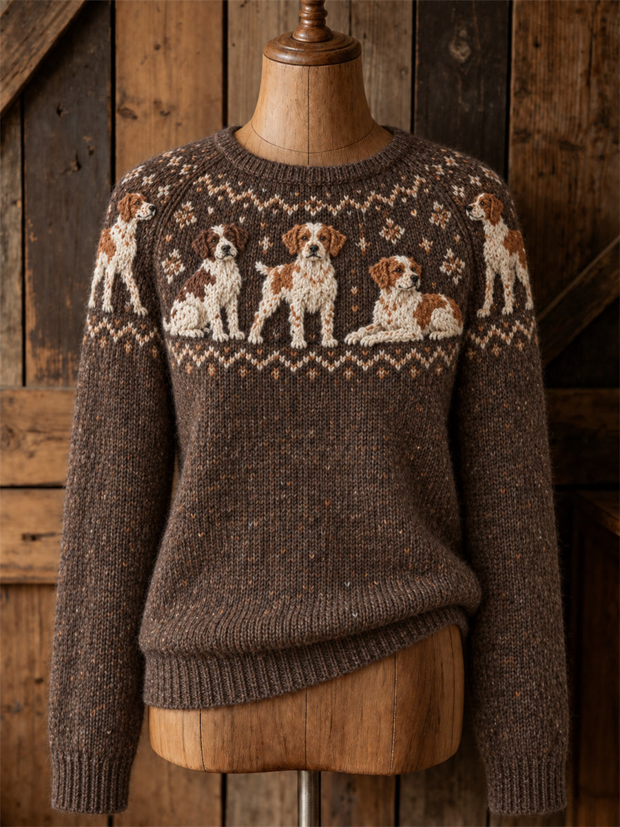 Kvinnors Vintage Brittany hundar Yoke Isle Mönster Skriv ut Mysig besättning hals tröjar