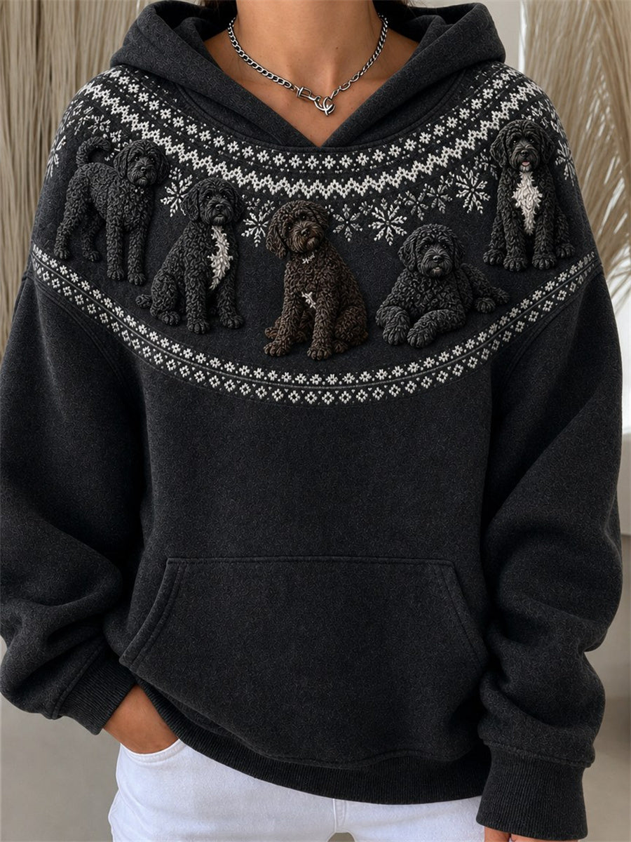 Kvinnors Vintage portugisiska vattenhundar Yoke Isle Mönster Skriv ut Mysig Hoodie.