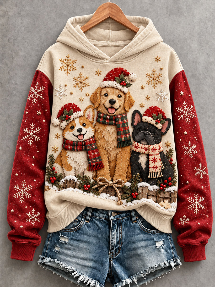 Kvinnors vintage jul söt hund konst regelbunden Hoodie.