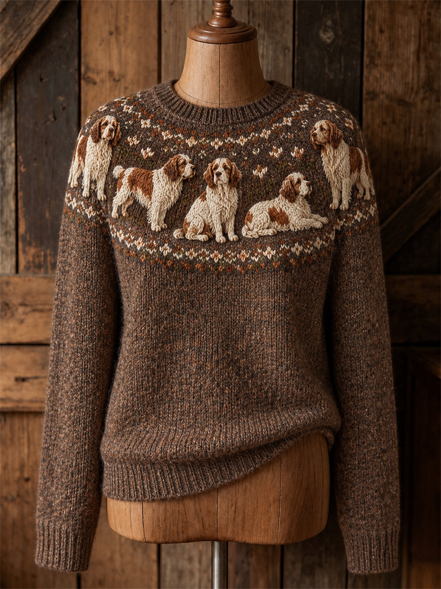 Kvinnors Vintage Clumber Spaniel Hundar Joke Isle Mönster Skriv ut Mysig besättning hals tröjar