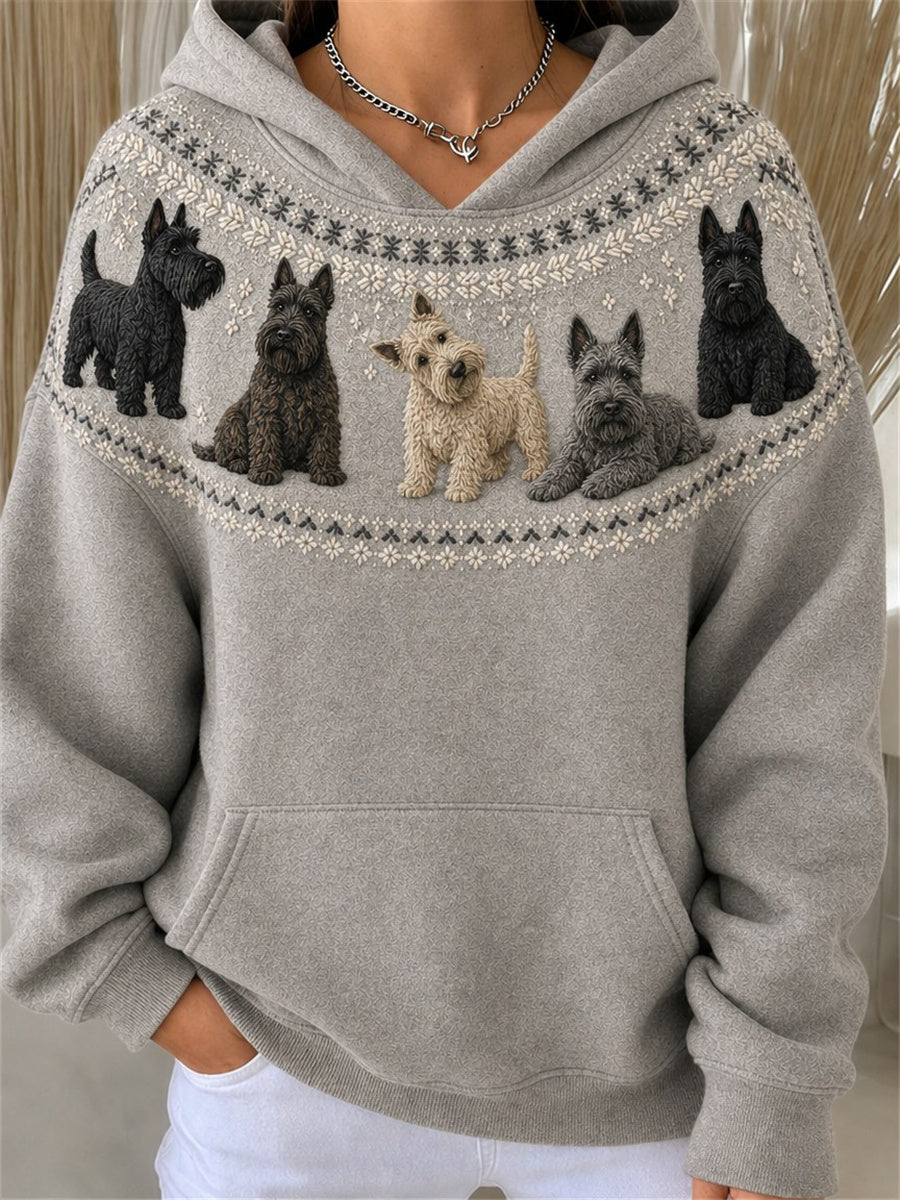 Kvinnors Vintage Skotska Terrierhundar Joke Isle Mönster Skriv ut Mysig Hoodie.