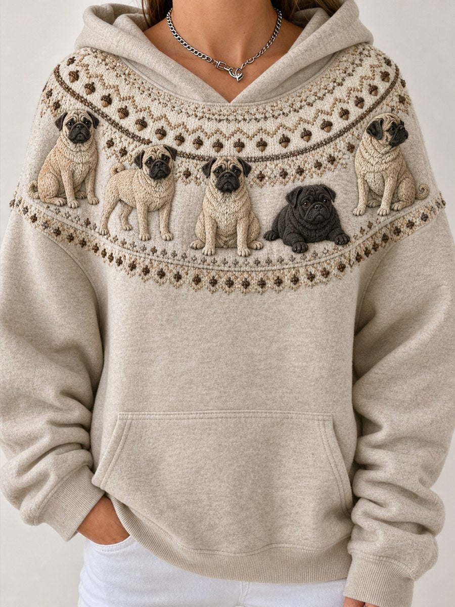 Damtröja med vintagemönster av mopsar från Yoke Isle, mysig hoodie