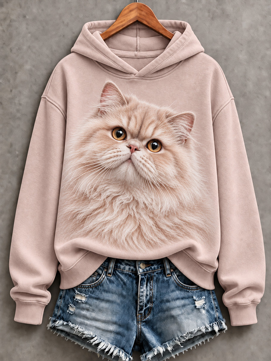 Söt mysig hoodie för kvinnor med persisk kattmönster