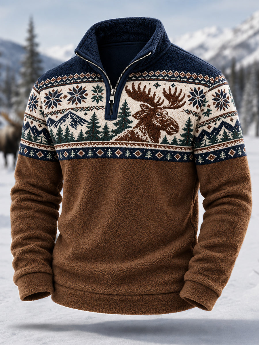 Herrkläder, vinter, älgmönstrad, avslappnad flanellpullover med dragkedja