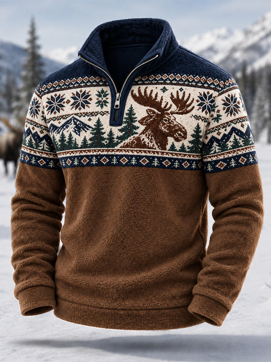 Herrkläder, vinter, älgmönstrad, avslappnad flanellpullover med dragkedja