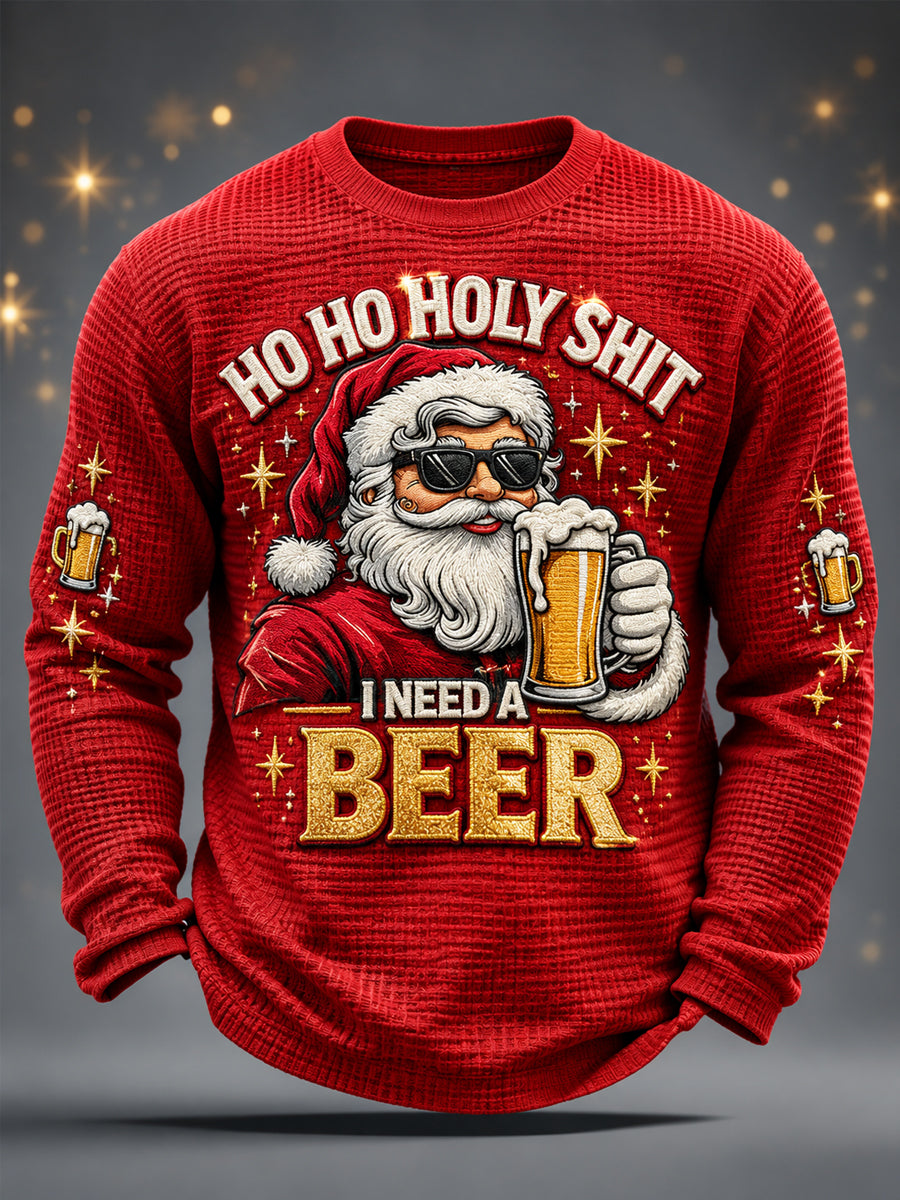 Rolig jultröja för män med tryck: "Ho Ho Hold My Beer" och tomte-motiv, avslappnad waffelmönstrad långärmad t-shirt