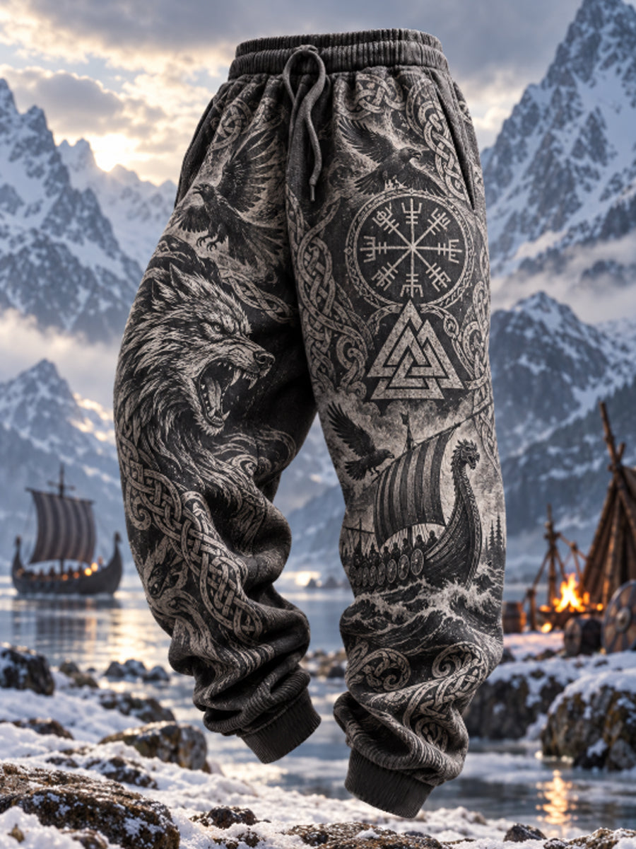 Herrens Retro Viking Valknut Vegvisier Varg huvudbyxor