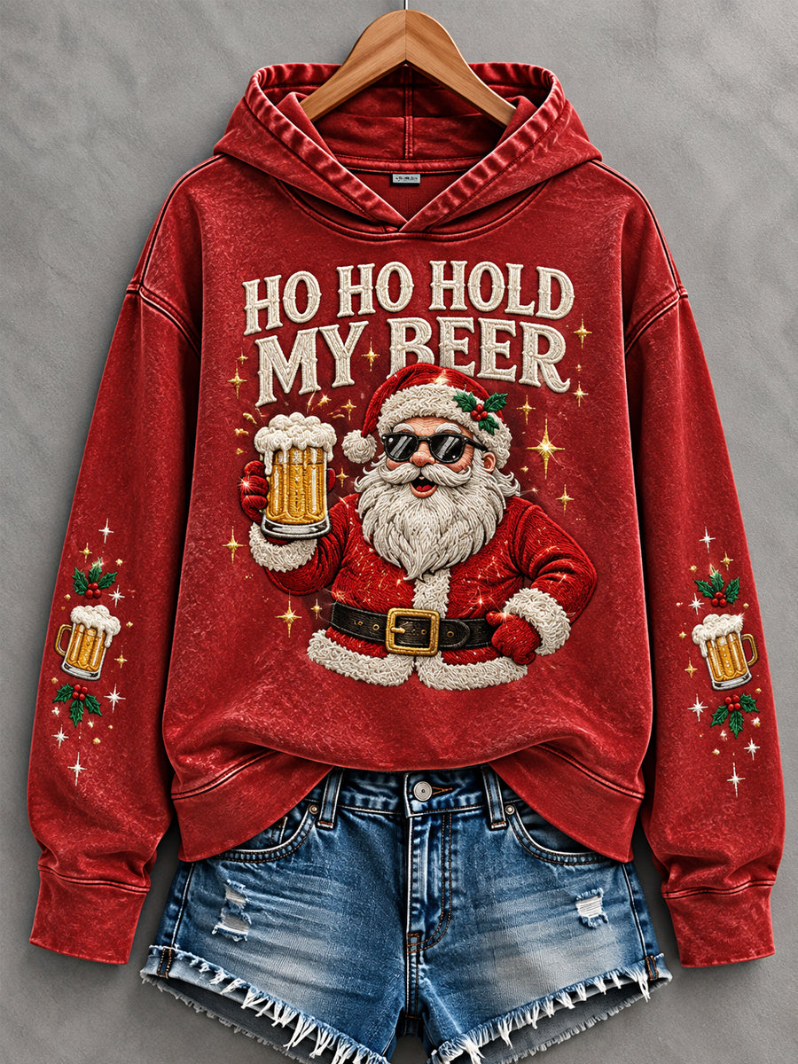 Kvinnors roliga julen Ho Ho håll min öl jultomten Print Casual Hoodie