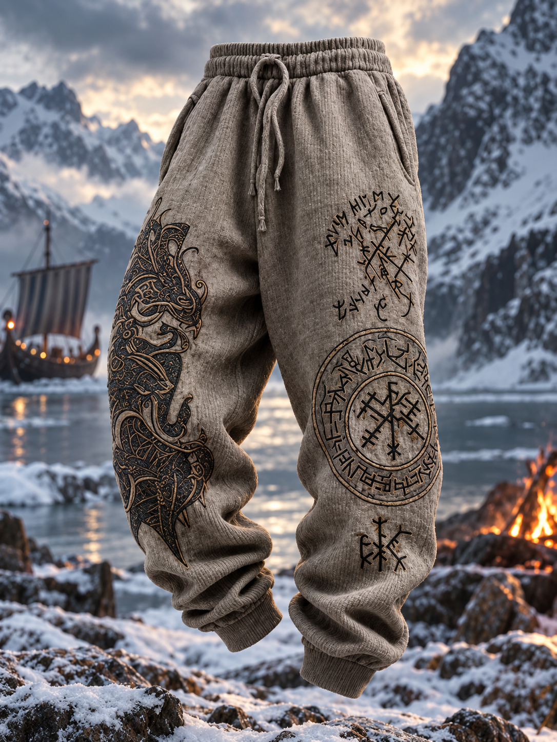 Herrbyxor i retrovikingastil med Vegvisir-motiv