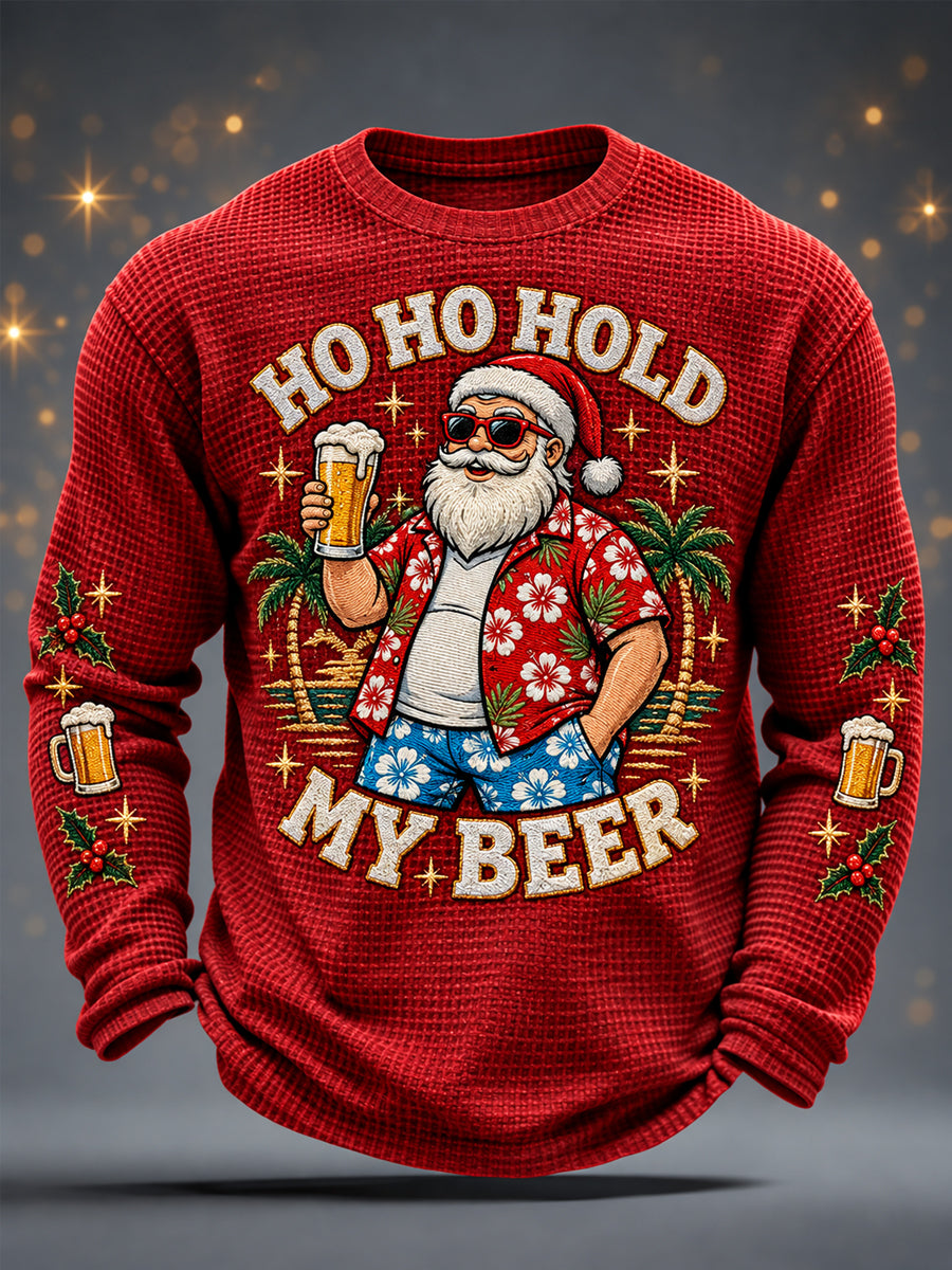 Rolig jultröja för män med tryck: "Ho Ho Hold My Beer" och tomte-motiv, avslappnad waffelmönstrad långärmad t-shirt
