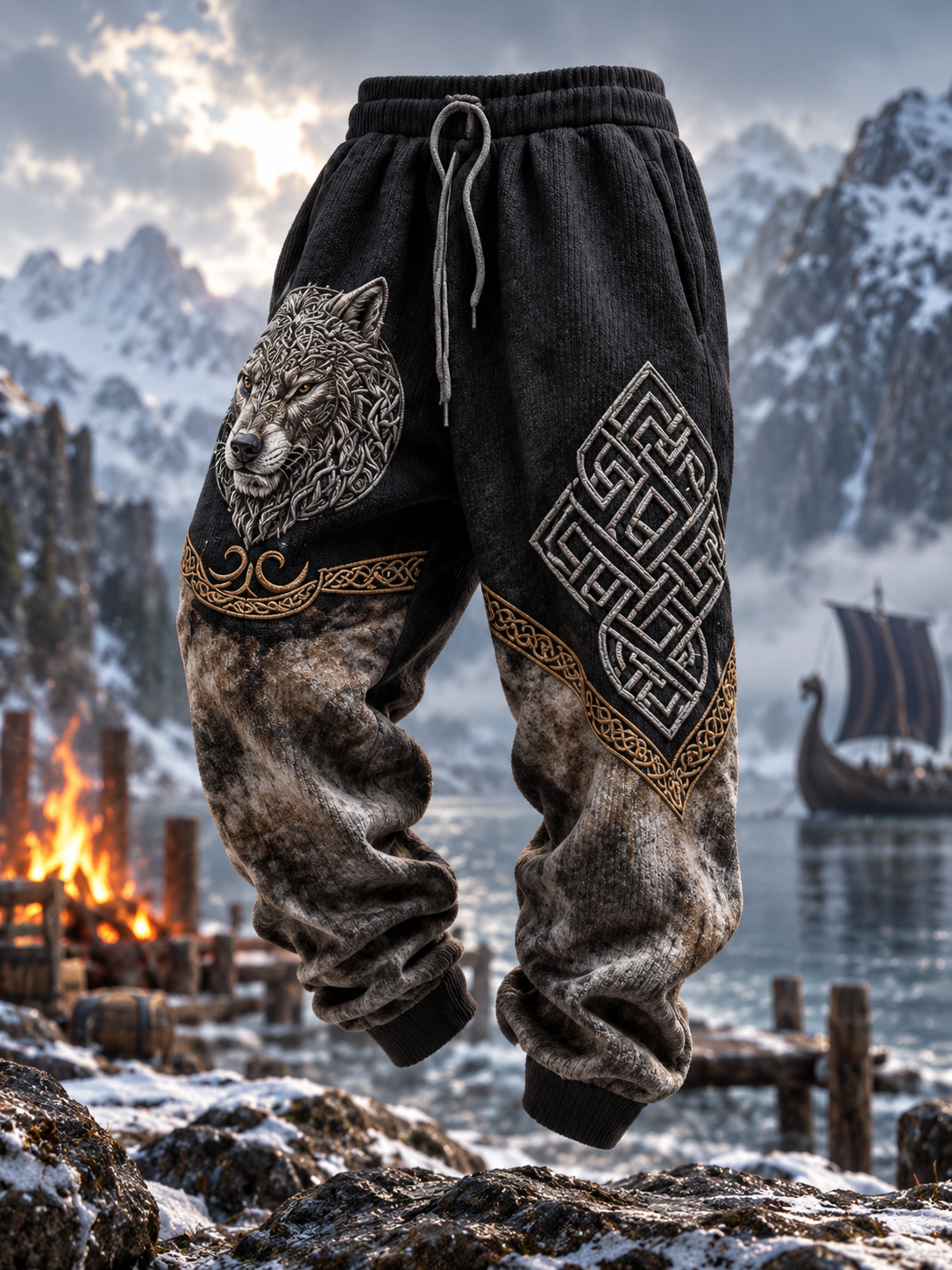 Herrbyxor med retrovikingmotiv – vargansikte