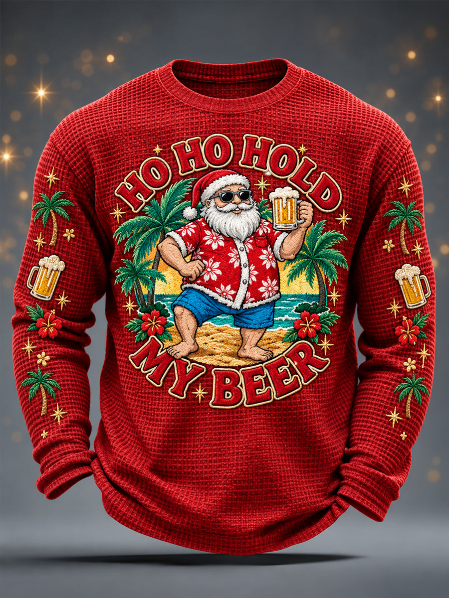 Rolig jultröja för män med tryck: "Ho Ho Hold My Beer" och tomte-motiv, avslappnad waffelmönstrad långärmad t-shirt