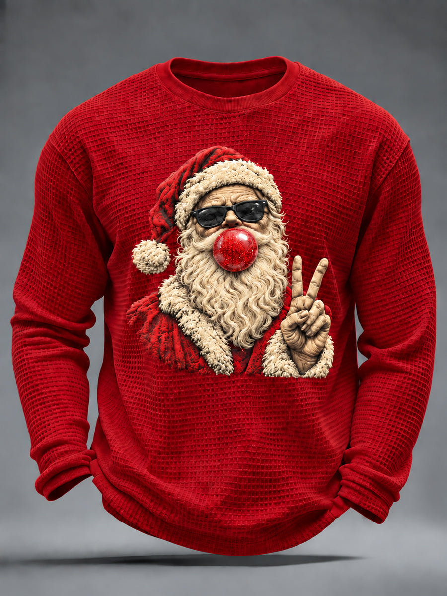 Mäns Vintage Jultomten Våffel Lång ärm T-shirt