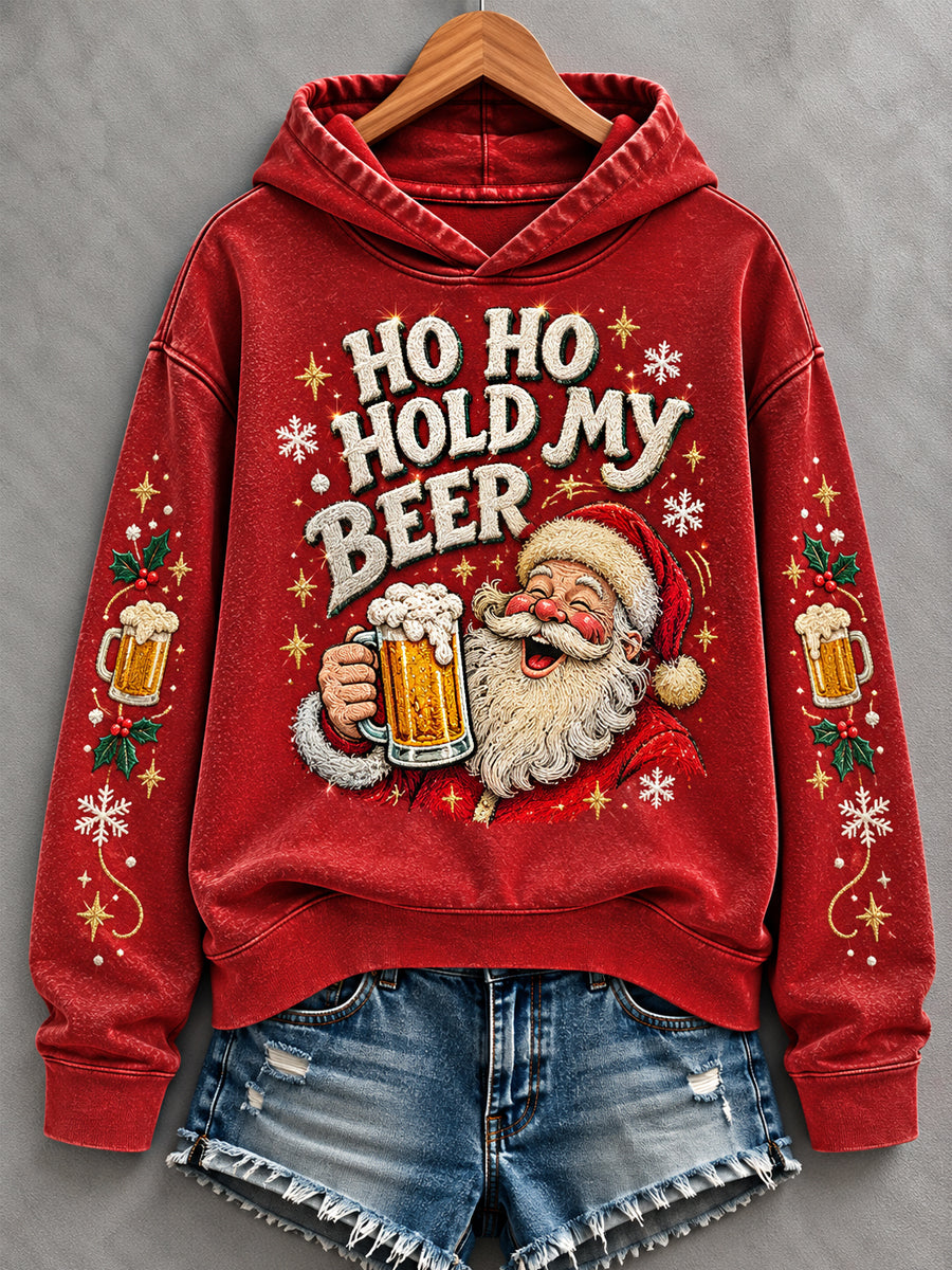 Kvinnlig rolig jul-hoodie med tryck: "Ho Ho Hold My Beer" och tomte-motiv, avslappnad stil