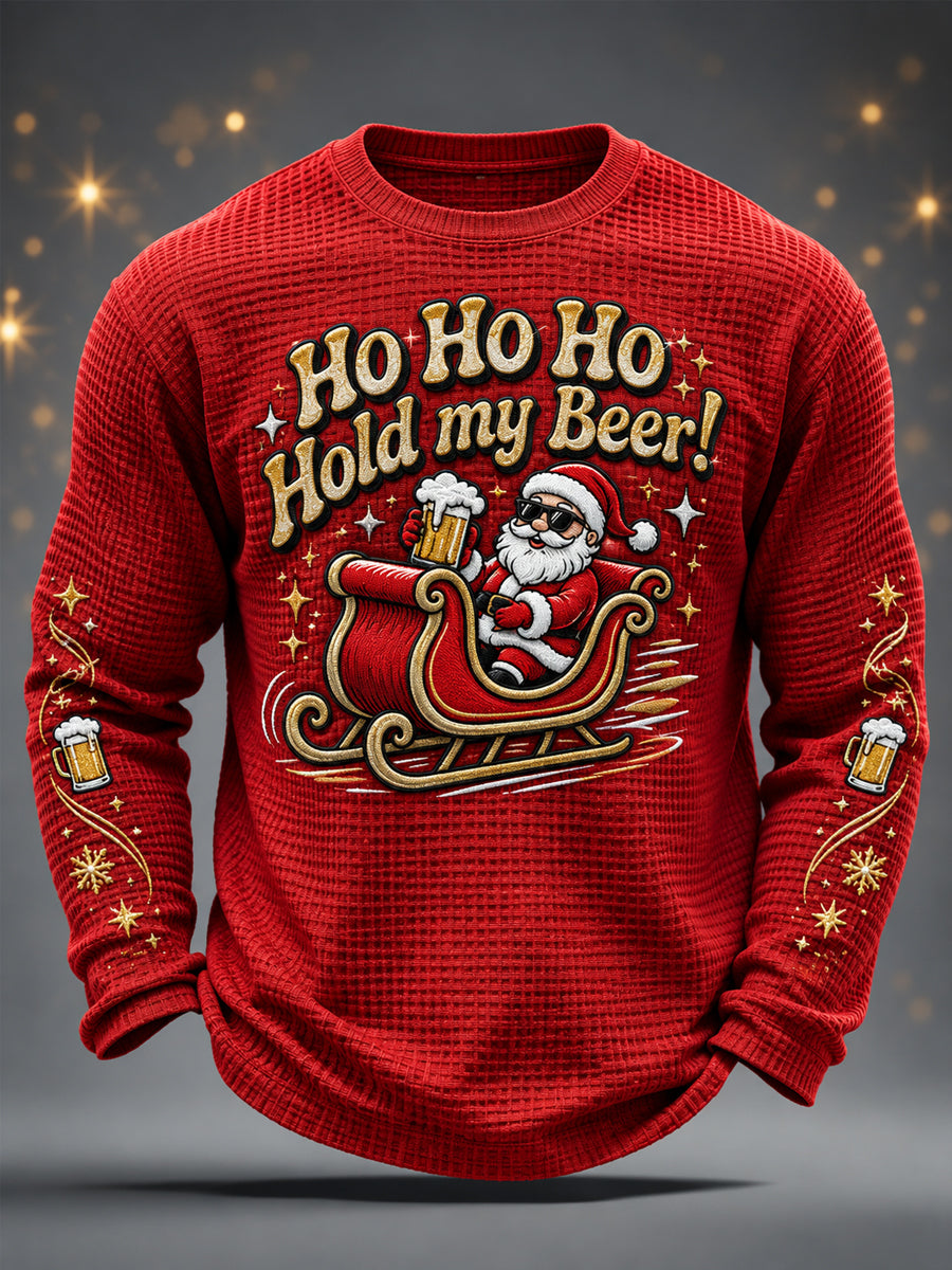 Rolig jultröja för män med tryck: "Ho Ho Hold My Beer" och tomte-motiv, avslappnad waffelmönstrad långärmad t-shirt