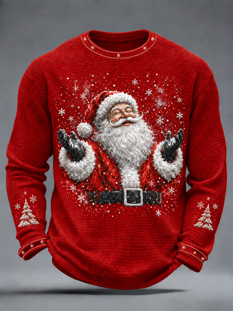 Mans Vintage Julklappströja med Jultomte, Våffelmönster, Långärmad T-shirt