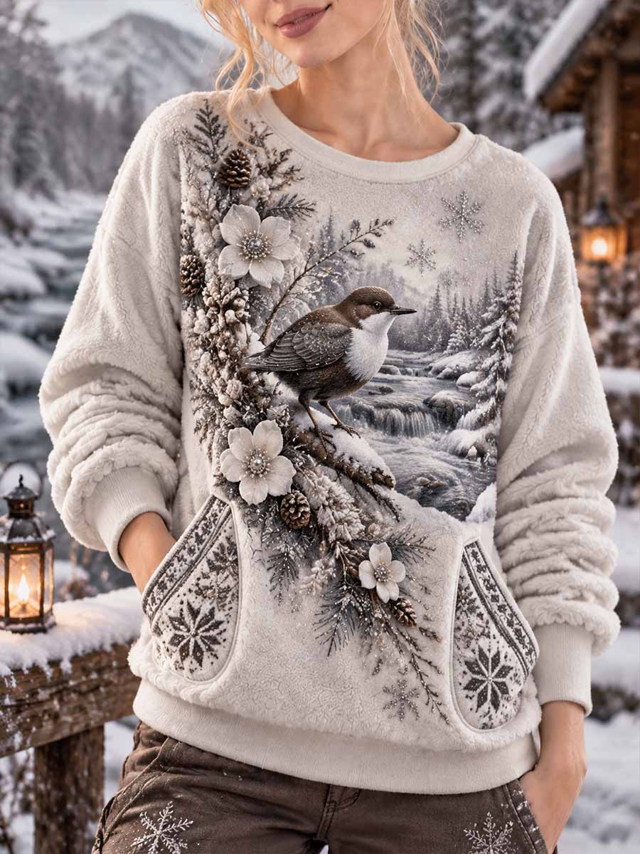 Kvinnors vinter lilla fågel konst Print Sweatshirt