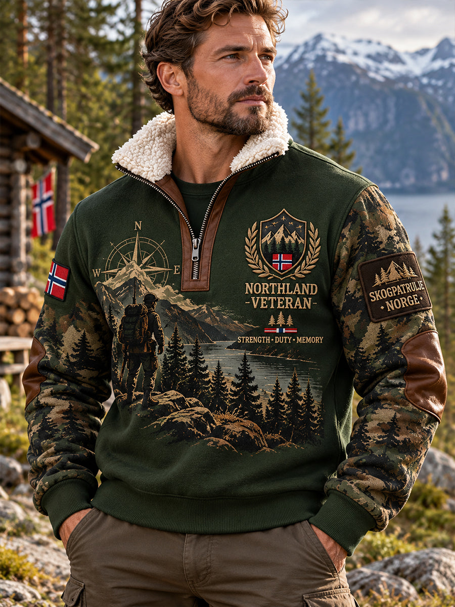 Mäns fleece-lined hög hals sweatshirt med militärveteran minne print